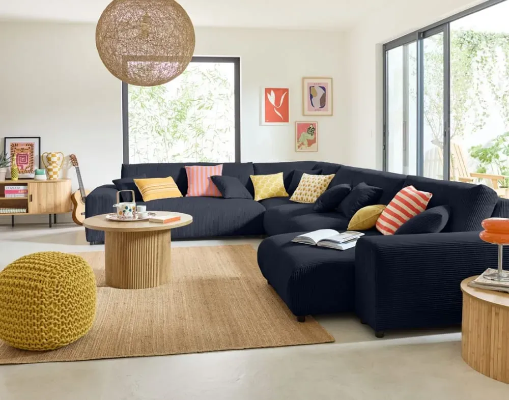 Illustration numéro 2 du produit Canapé modulable 8 places angle gauche en velours côtelé bleu nuit