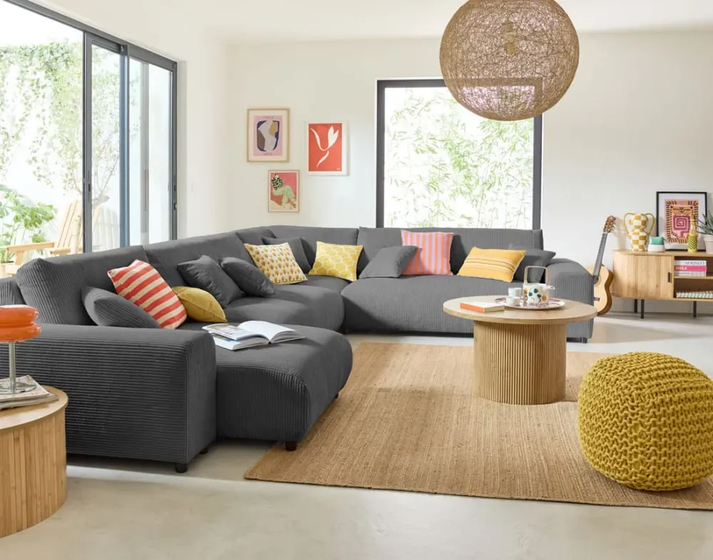 Illustration numéro 2 du produit Canapé modulable 8 places angle droit en velours côtelé gris foncé