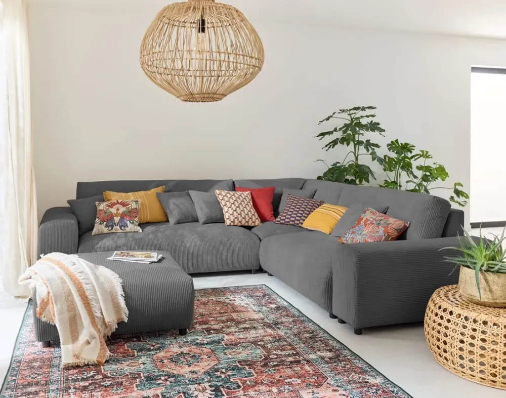 Illustration numéro 2 du produit Canapé modulable 5 places angle droit en velours côtelé gris foncé