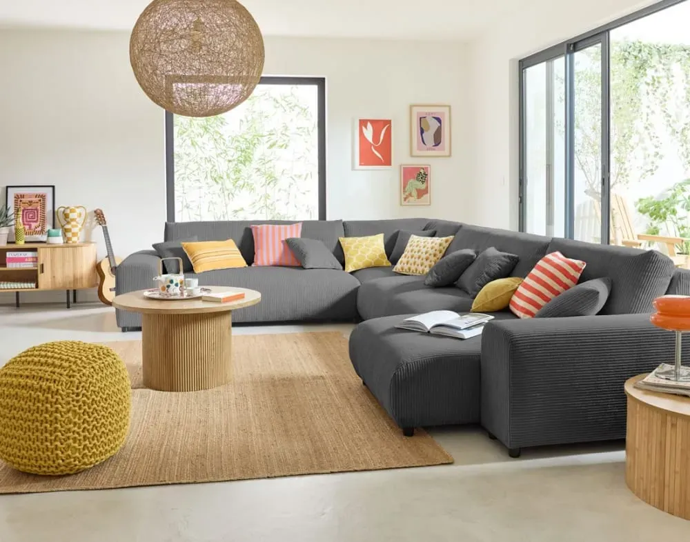 Illustration numéro 2 du produit Canapé modulable 8 places angle gauche en velours côtelé gris foncé