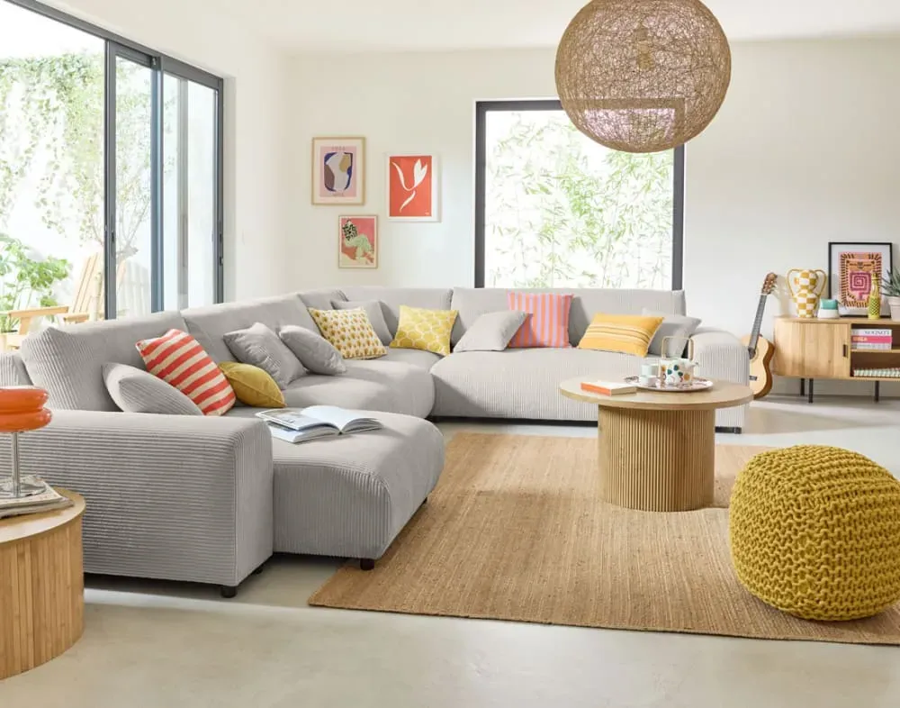 Illustration numéro 2 du produit Canapé modulable 8 places angle droit en velours côtelé gris clair