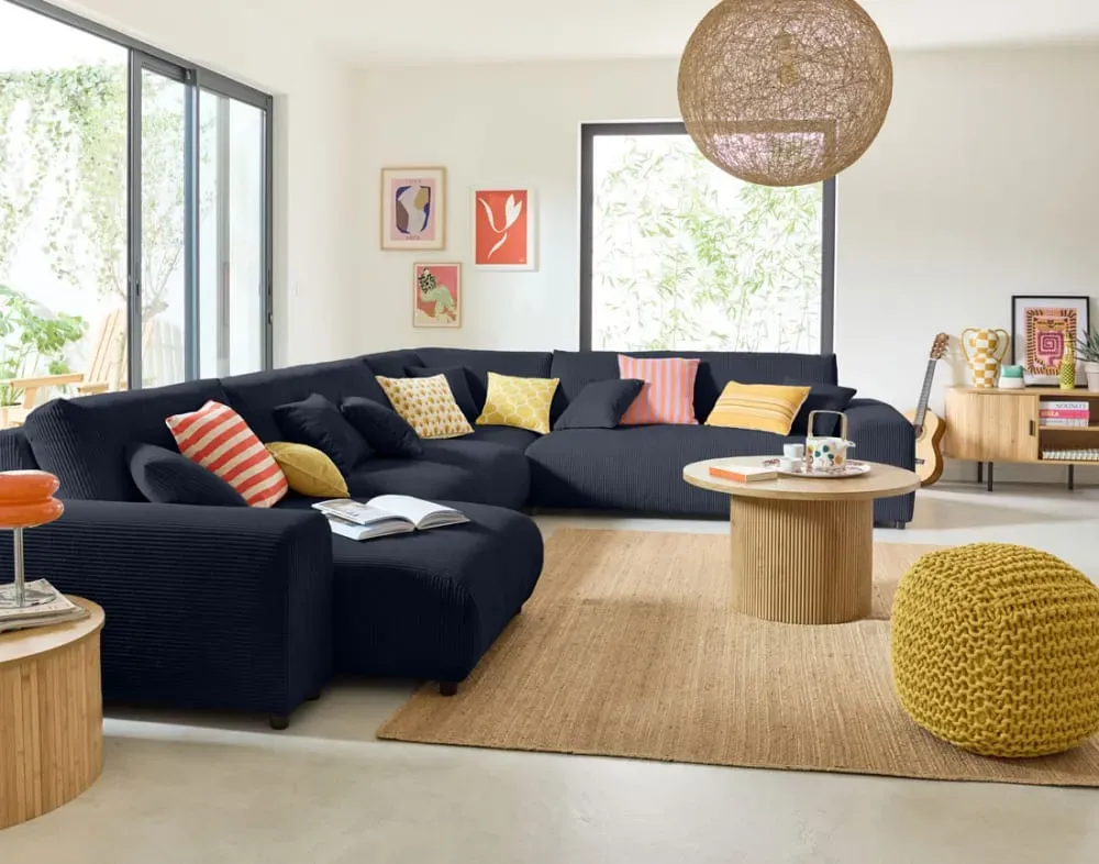 Illustration numéro 2 du produit Canapé modulable 8 places angle droit en velours côtelé bleu nuit