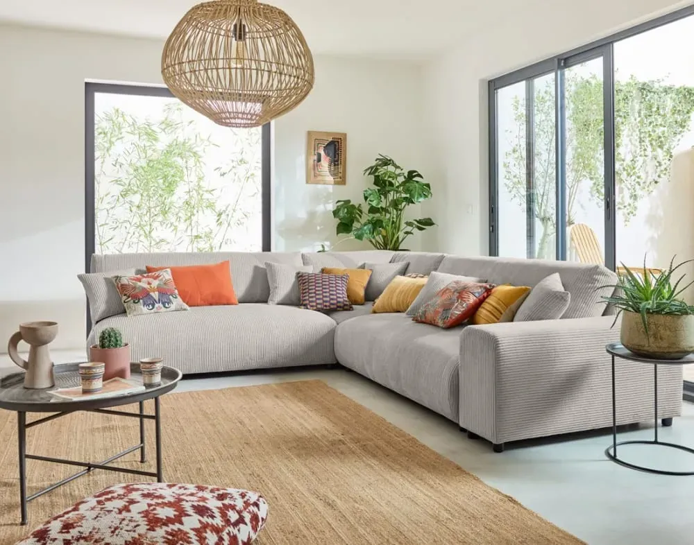 Illustration numéro 2 du produit Canapé modulable 6 places angle gauche en velours côtelé gris clair