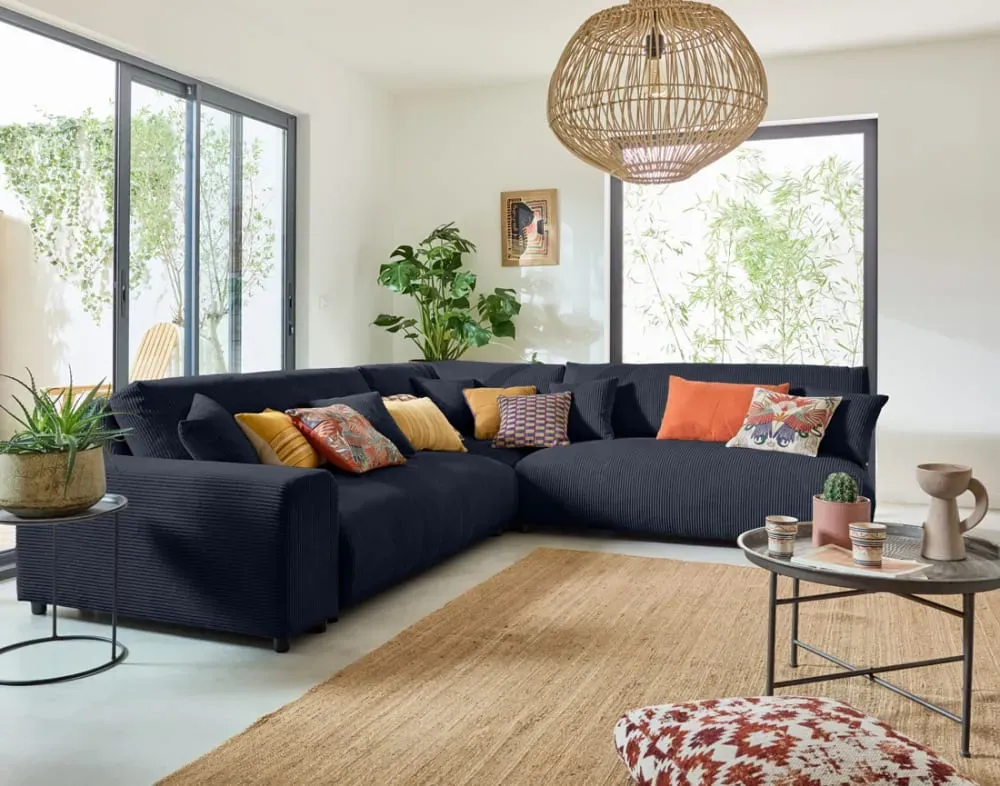 Illustration numéro 2 du produit Canapé modulable 6 places angle droit en velours côtelé bleu nuit