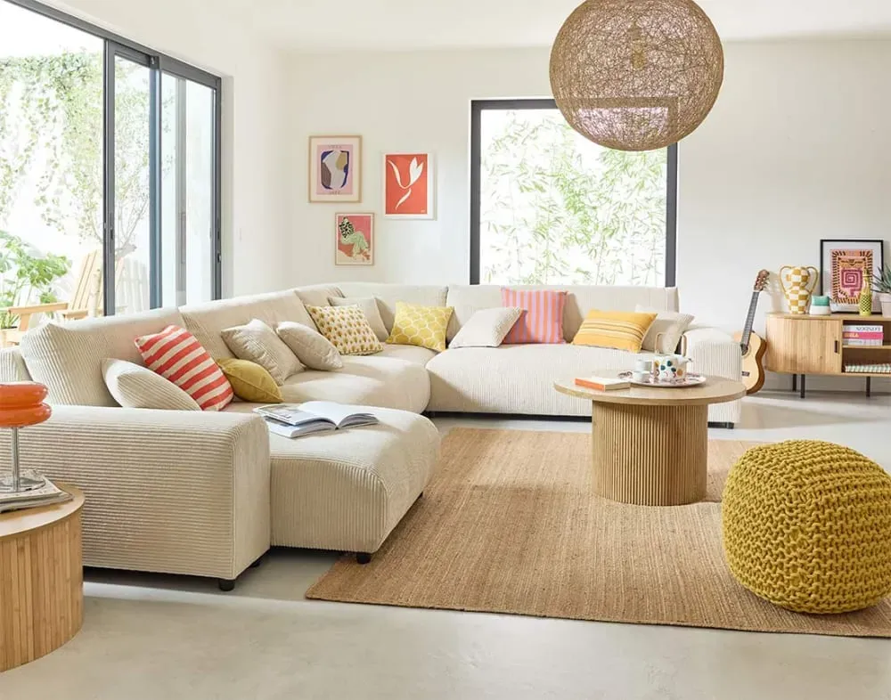 Illustration numéro 2 du produit Canapé modulable 8 places angle droit en velours côtelé beige