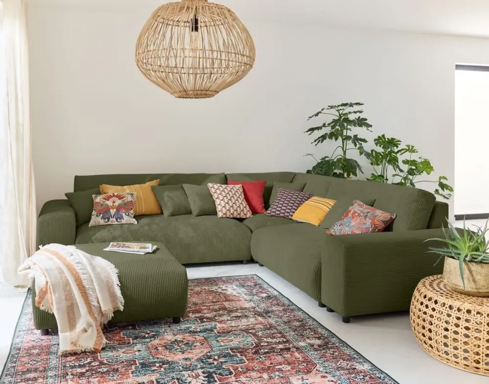 Illustration numéro 2 du produit Canapé modulable 5 places angle droit en velours côtelé vert