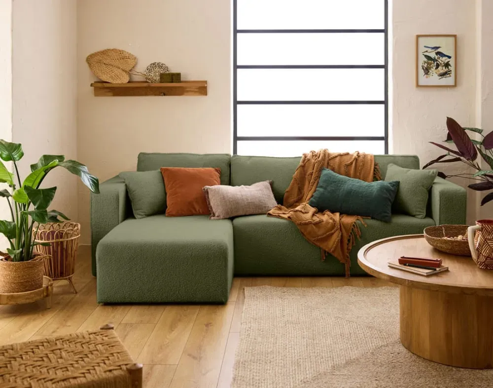 Illustration numéro 2 du produit Canapé d'angle réversible convertible 4 places en tissu bouclette vert