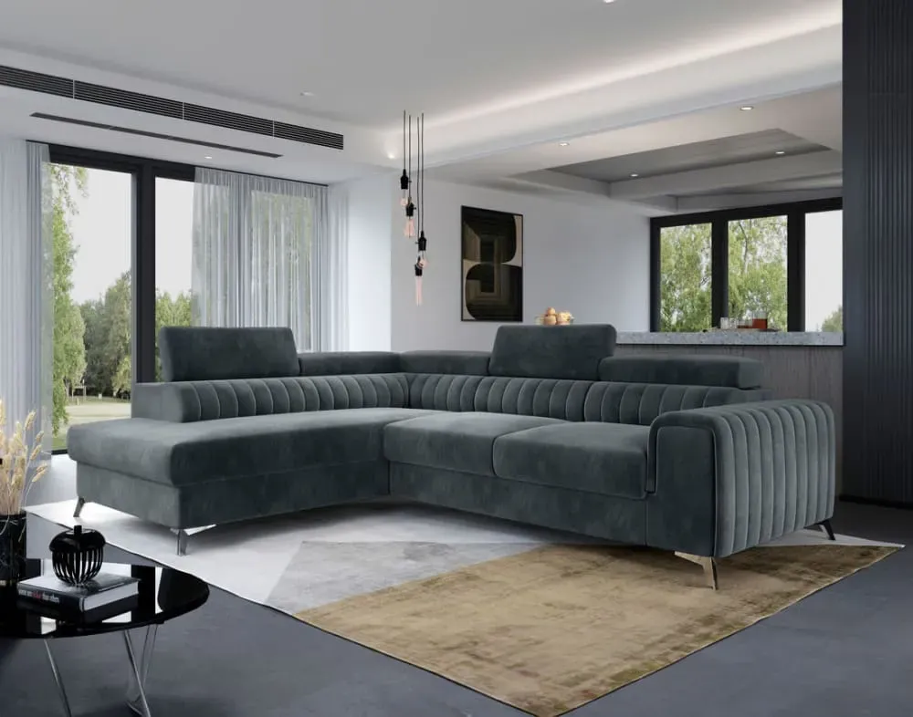 Illustration numéro 2 du produit Canapé d'angle gauche convertible 5 places en velours gris