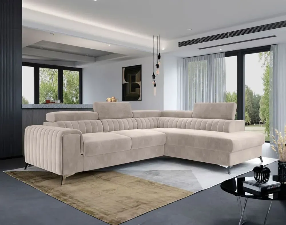 Illustration numéro 2 du produit Canapé d'angle droit convertible 5 places en velours beige