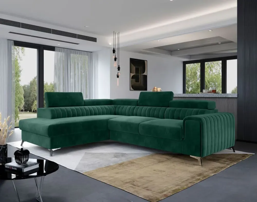 Illustration numéro 2 du produit Canapé d'angle gauche convertible 5 places en velours vert