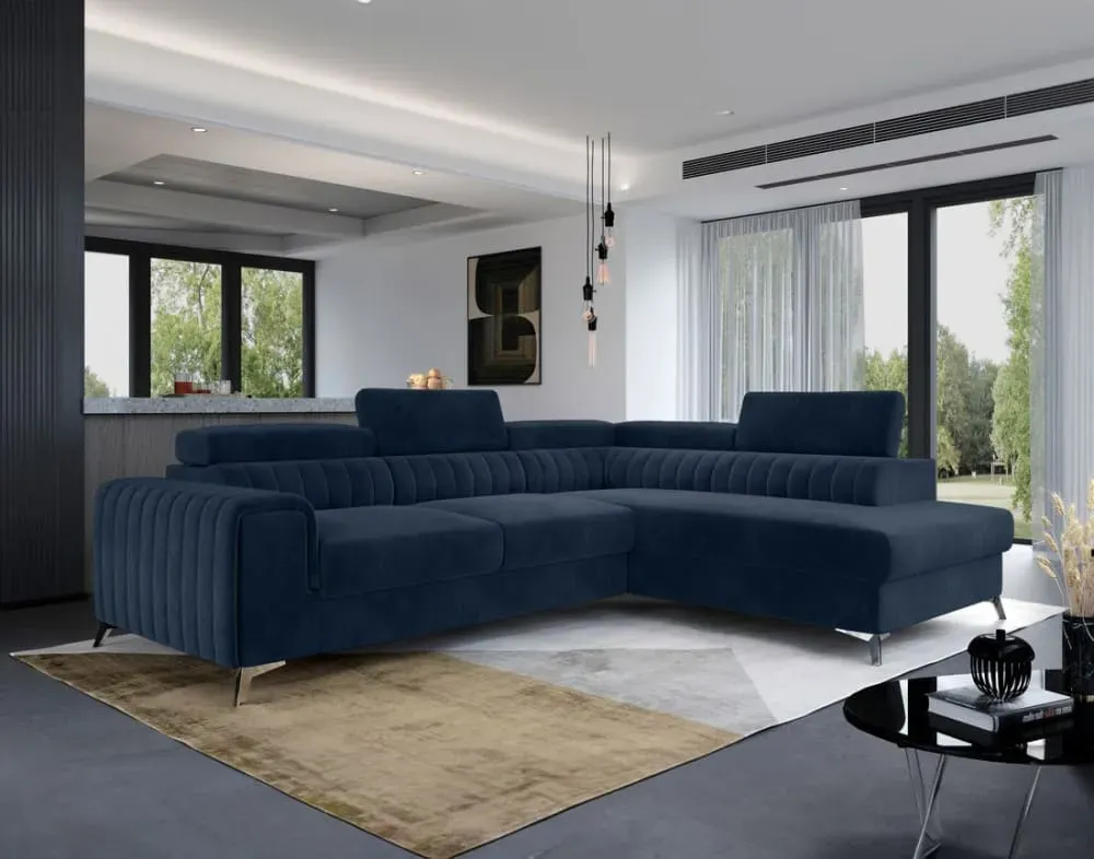 Illustration numéro 2 du produit Canapé d'angle droit convertible 5 places en velours bleu marine