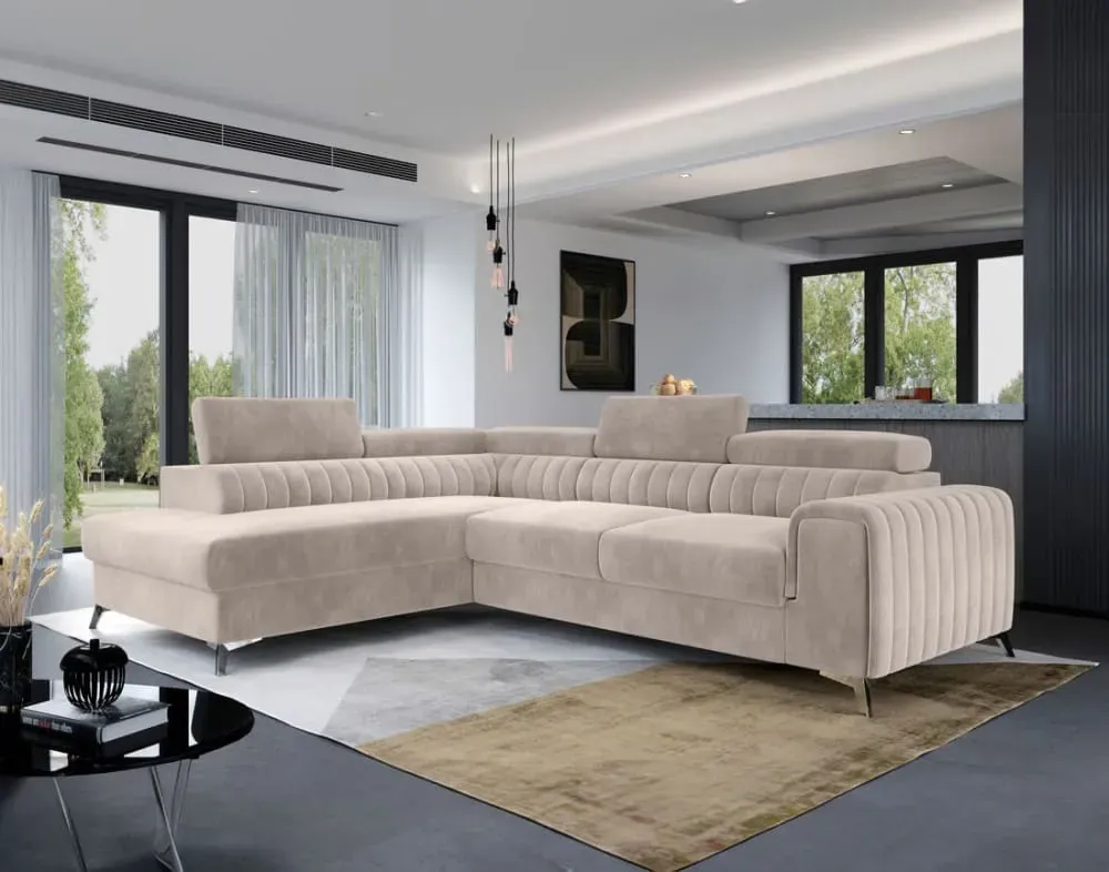 Illustration numéro 2 du produit Canapé d'angle gauche convertible 5 places en velours beige