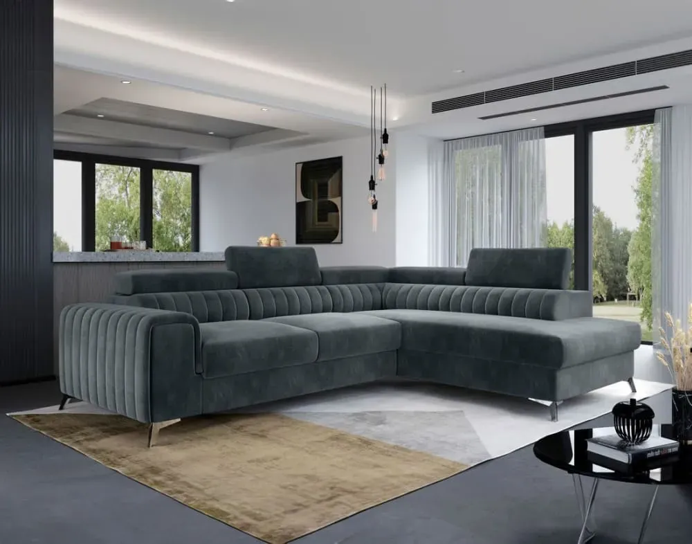 Illustration numéro 2 du produit Canapé d'angle droit convertible 5 places en velours gris