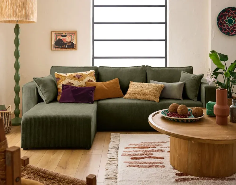 Illustration numéro 2 du produit Canapé d'angle réversible convertible 4 places en velours côtelé plat