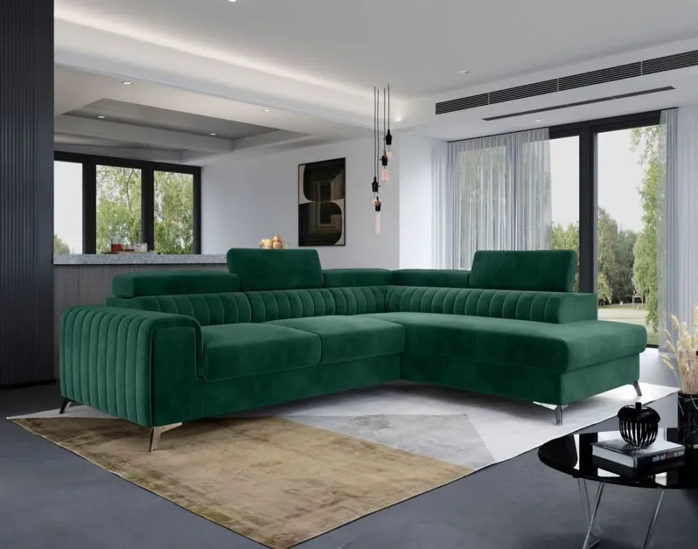 Illustration numéro 2 du produit Canapé d'angle droit convertible 5 places en velours vert