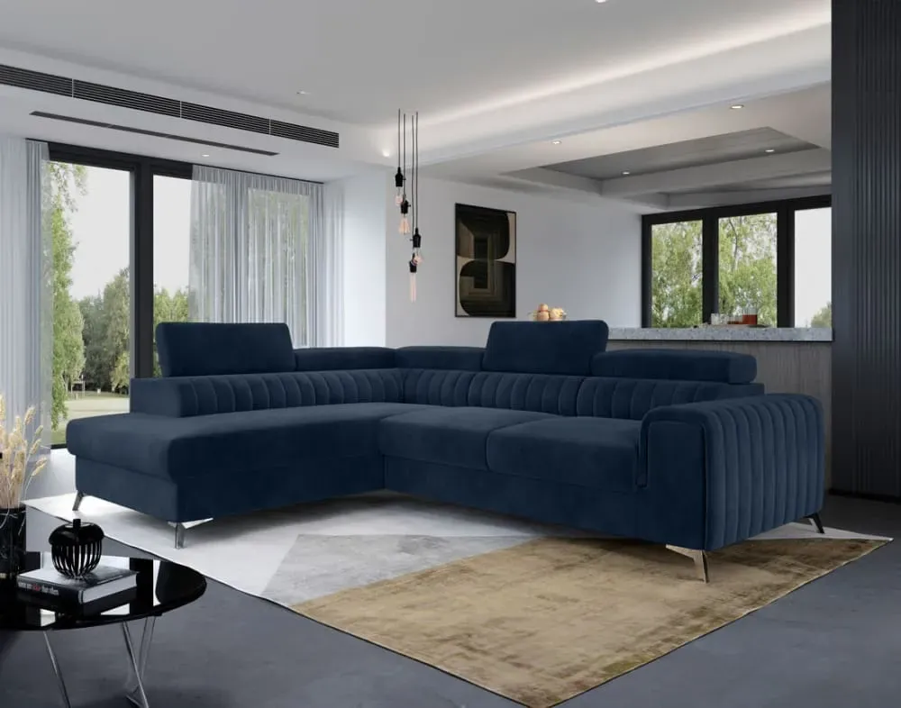 Illustration numéro 2 du produit Canapé d'angle gauche convertible 5 places en velours bleu marine