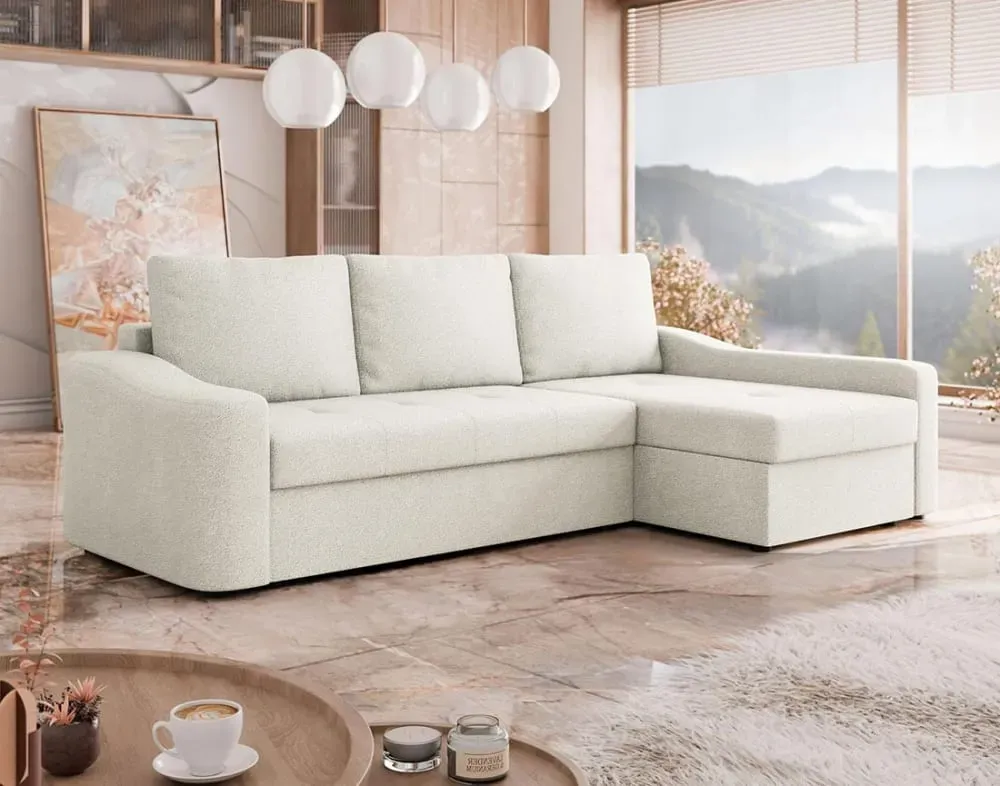 Illustration numéro 2 du produit Canapé d'angle droit convertible 4 places en tissu texturé beige