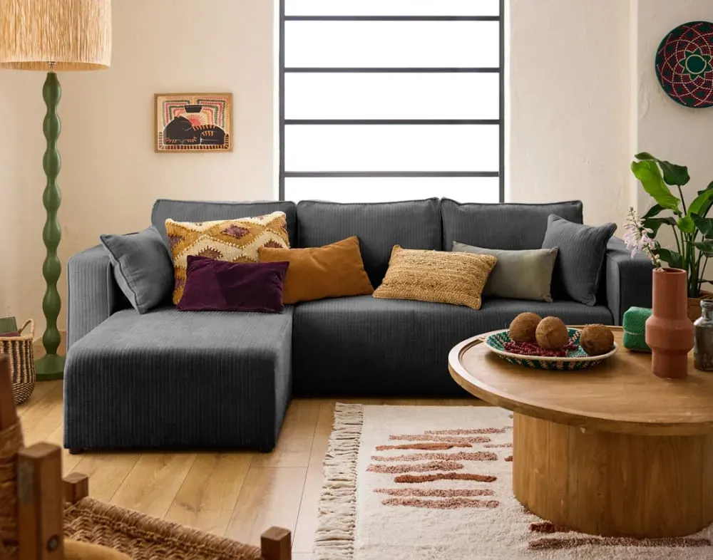 Illustration numéro 2 du produit Canapé d'angle réversible convertible 4 places en velours côtelé plat