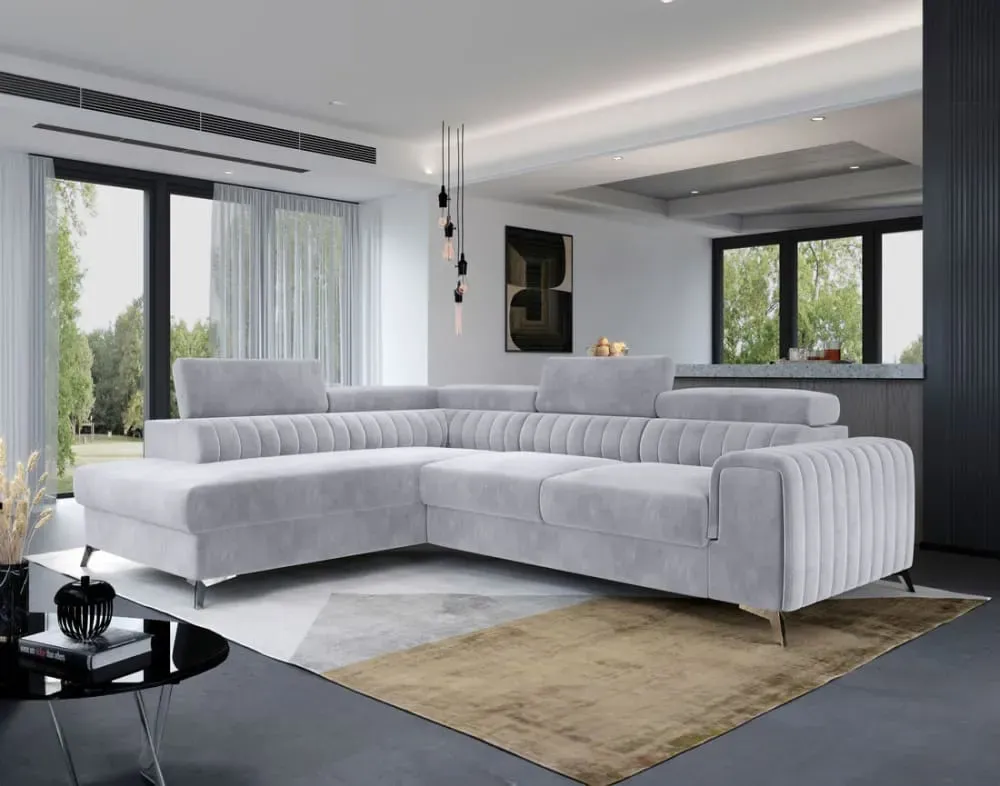 Illustration numéro 2 du produit Canapé d'angle gauche convertible 5 places en velours gris clair