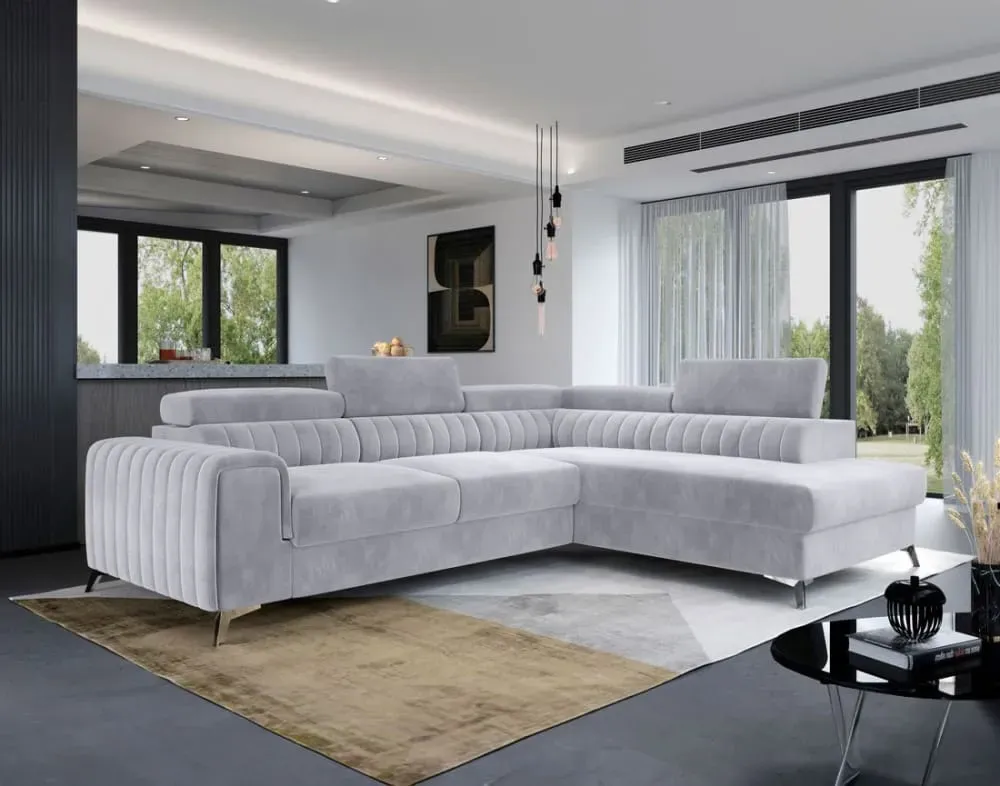 Illustration numéro 2 du produit Canapé d'angle droit convertible 5 places en velours gris clair