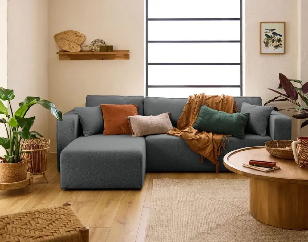 Illustration numéro 2 du produit Canapé d'angle réversible convertible 4 places en tissu bouclette gris