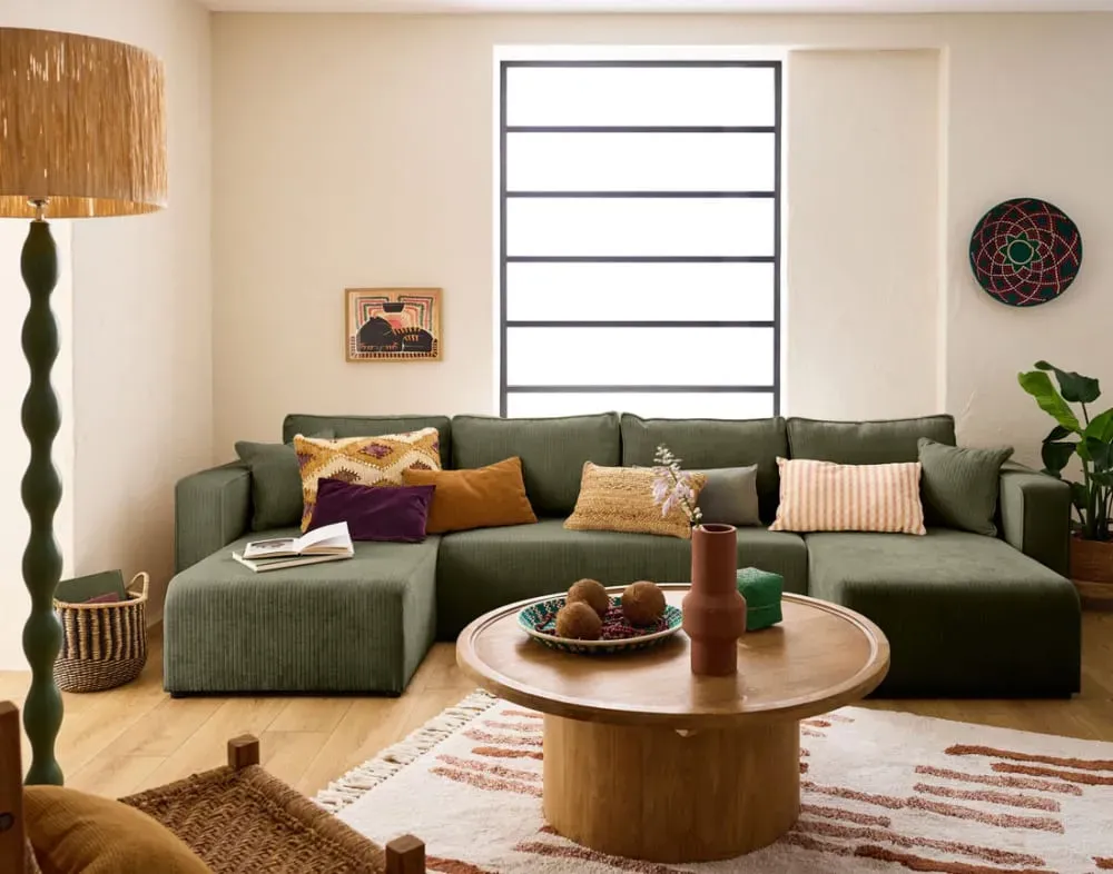 Illustration numéro 2 du produit Canapé panoramique 7 places En U en Velours côtelé plat Vert