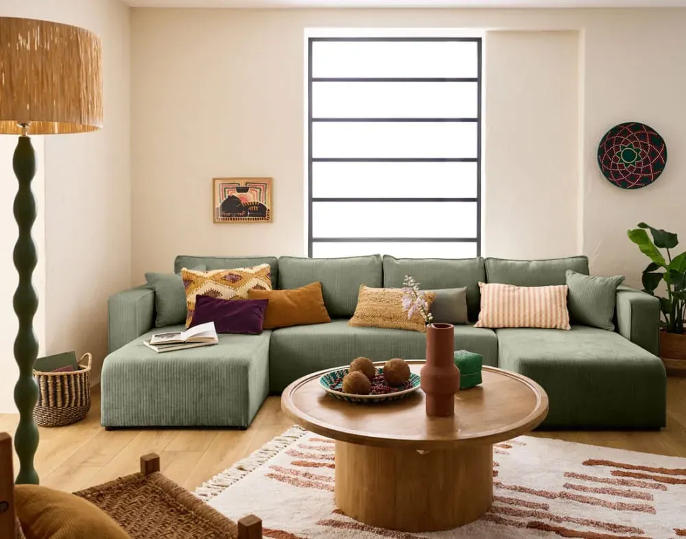 Illustration numéro 2 du produit Canapé panoramique 7 places En U en Velours côtelé plat Vert sauge