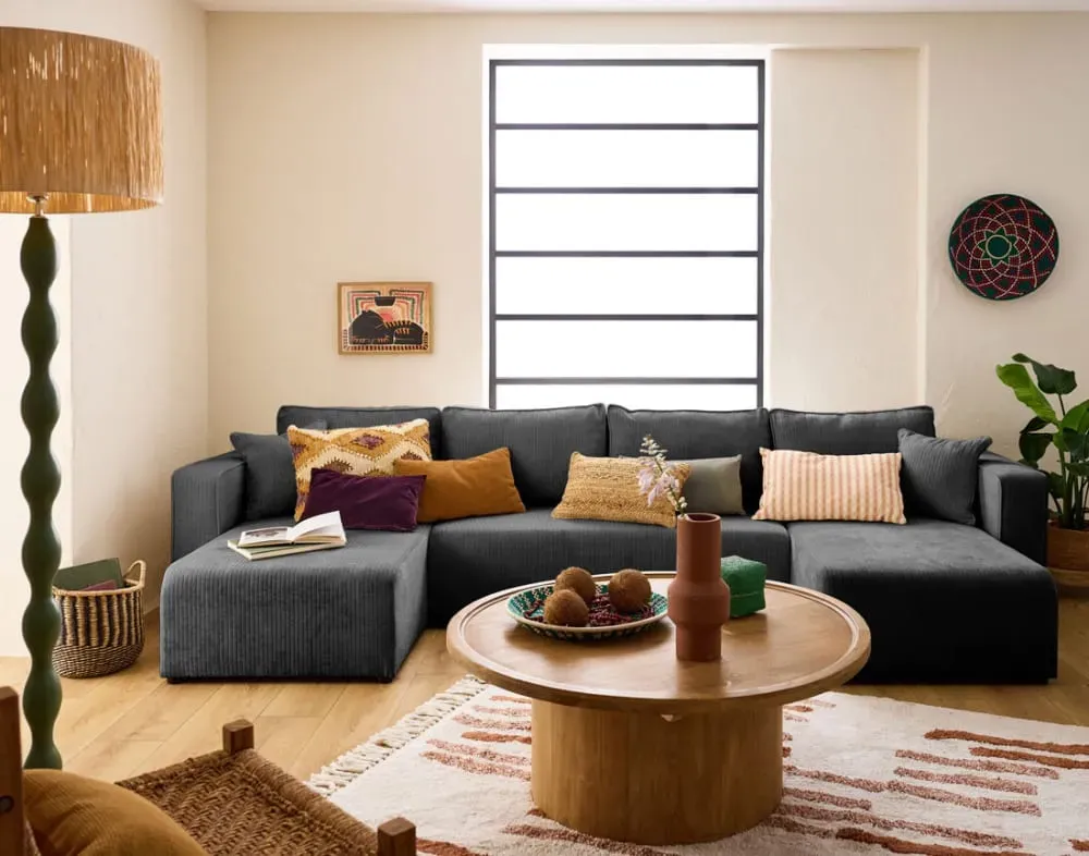 Illustration numéro 2 du produit Canapé panoramique 7 places En U en Velours côtelé plat Gris