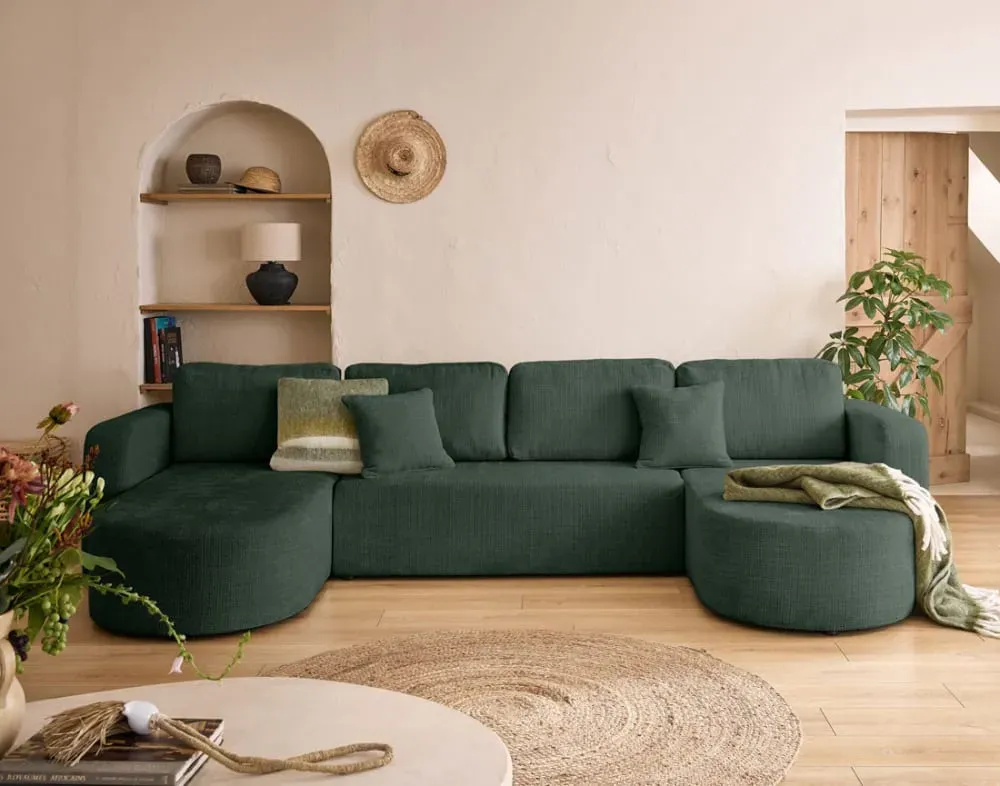 Illustration numéro 2 du produit Canapé panoramique 7 places En U en Velours texturé Vert