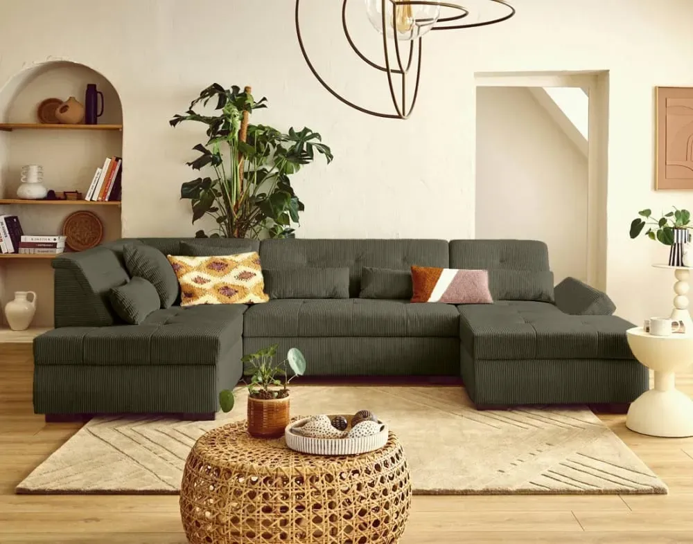 Illustration numéro 2 du produit Canapé panoramique 7 places Angle gauche en Velours côtelé Vert Kaki