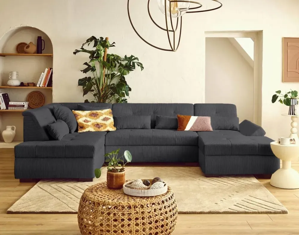 Illustration numéro 2 du produit Canapé panoramique 7 places Angle gauche en Velours côtelé Gris foncé