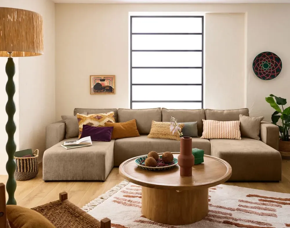 Illustration numéro 2 du produit Canapé panoramique 7 places En U en Velours côtelé plat Latte