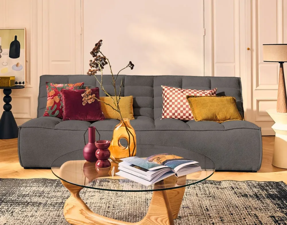 Illustration numéro 2 du produit Canapé modulable 3 places  en velours texturé gris