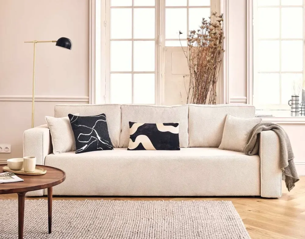 Illustration numéro 2 du produit Canapé droit convertible 3 places en velours texturé beige