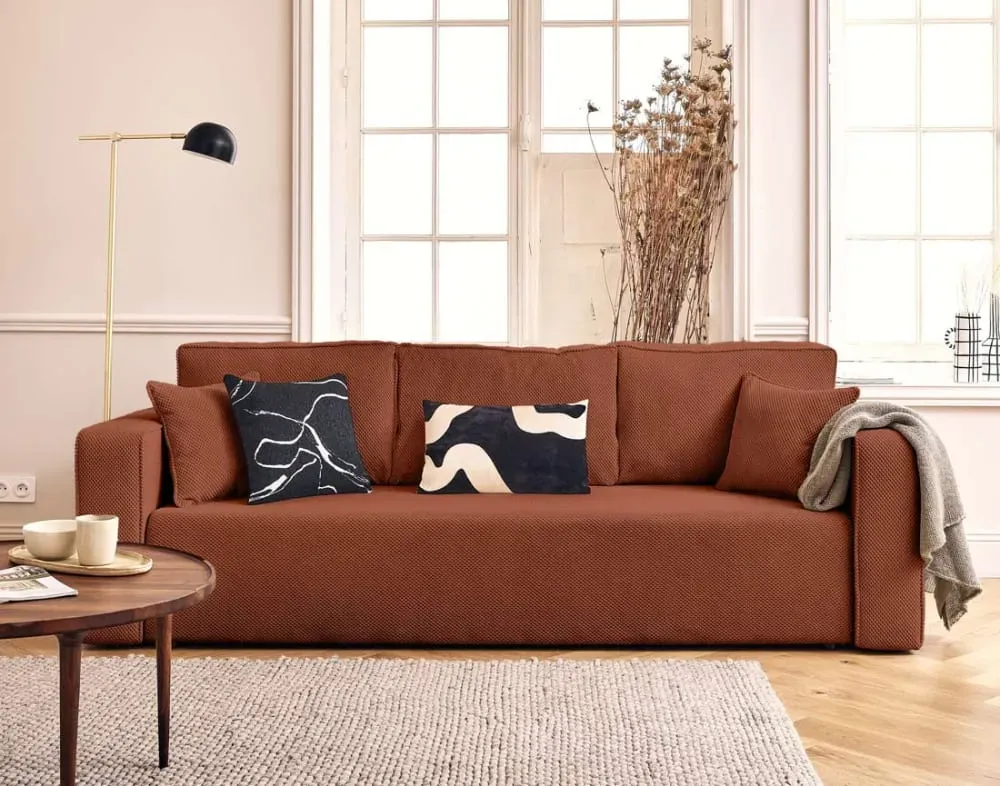 Illustration numéro 2 du produit Canapé droit convertible 3 places en velours texturé terracotta