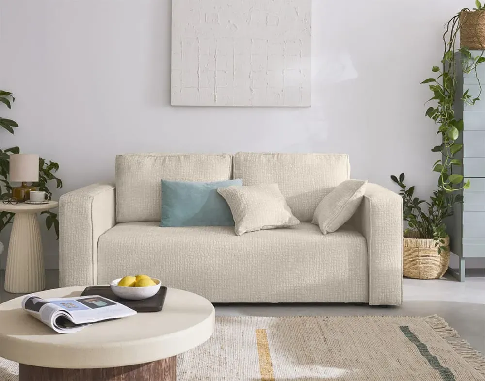 Illustration numéro 2 du produit Canapé droit 2 places en tissu velours relief beige