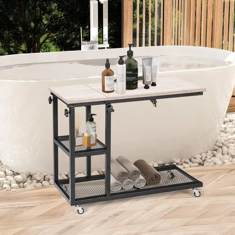 Illustration numéro 2 du produit Table d'appoint hauteur réglable avec roulettes beige