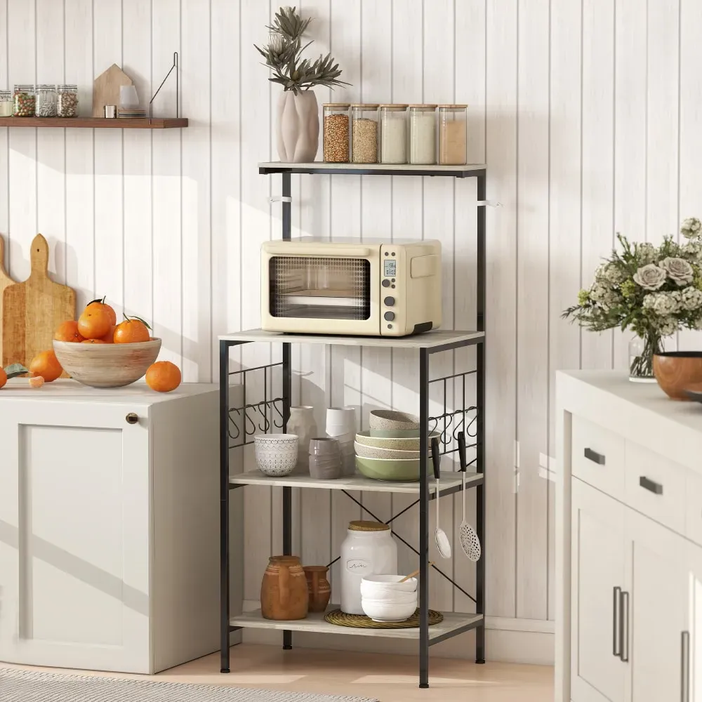 Illustration numéro 2 du produit Étagère de cuisine avec 8 crochets pour micro-ondes bois métal chêne