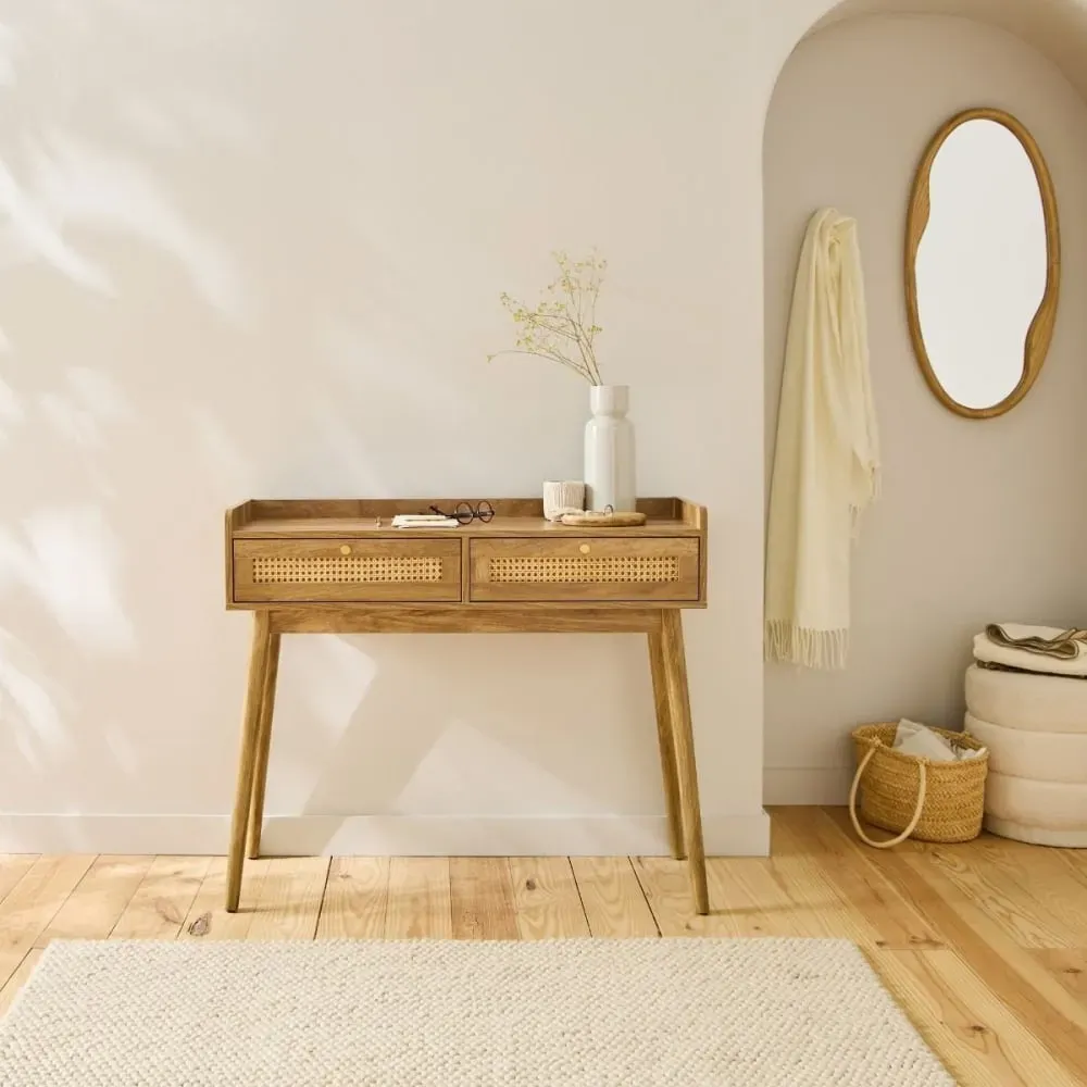 Illustration numéro 2 du produit Console 2 tiroirs avec façades en rotin et pieds en bois L100 cm