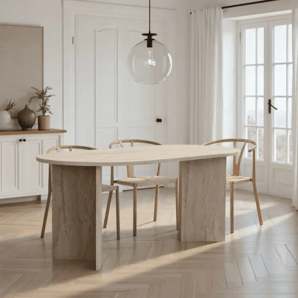 Illustration numéro 2 du produit Table à manger avec bords arrondis L180 cm - Effet Travertin