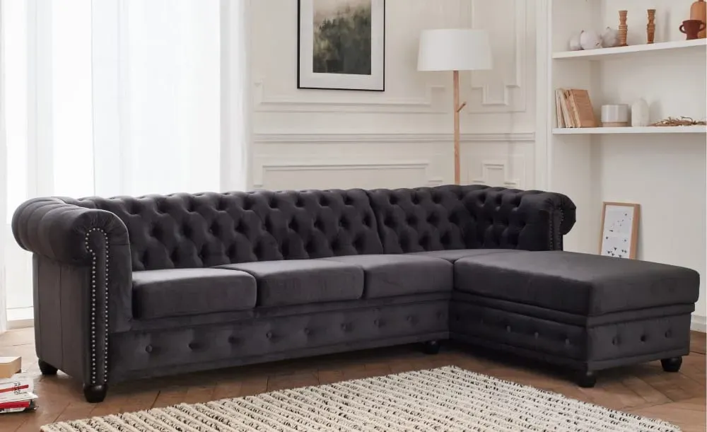 Illustration numéro 2 du produit Canapé d'angle droit 4 places en velours gris foncé