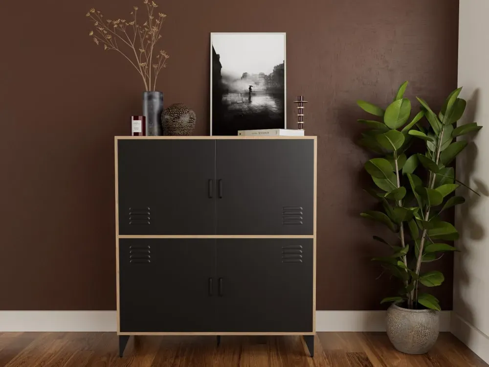 Illustration numéro 2 du produit Buffet haut industriel 4 portes L100cm effet bois et noir