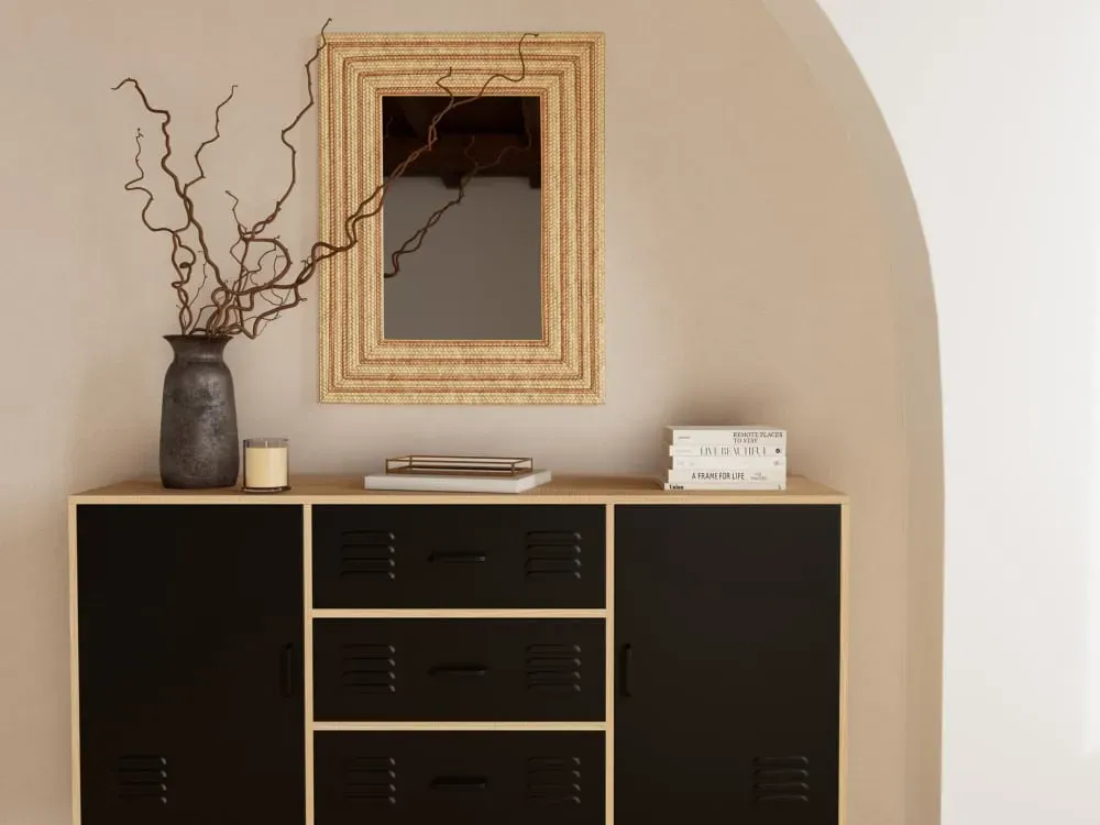 Illustration numéro 2 du produit Buffet bas 2 portes 3 tiroirs L140cm effet bois et noir