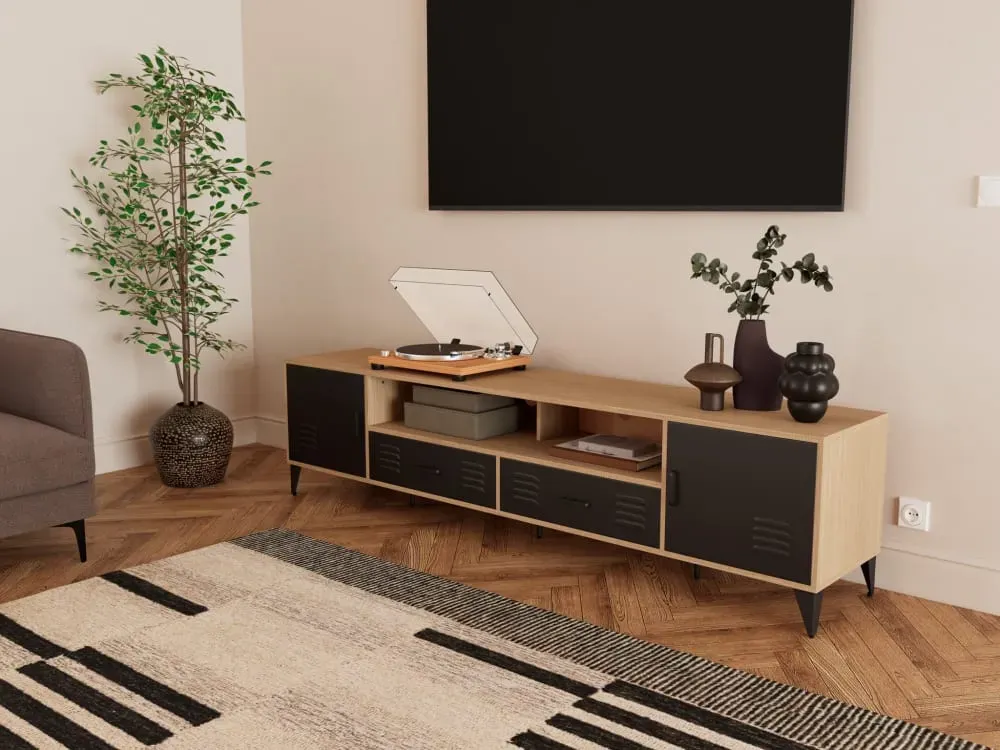 Illustration numéro 2 du produit Meuble TV 2 portes 2 tiroirs 200cm effet bois et noir