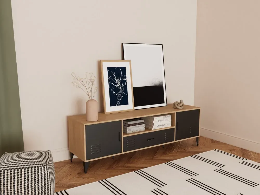 Illustration numéro 2 du produit Meuble TV 3 portes 160cm effet bois et métal noir