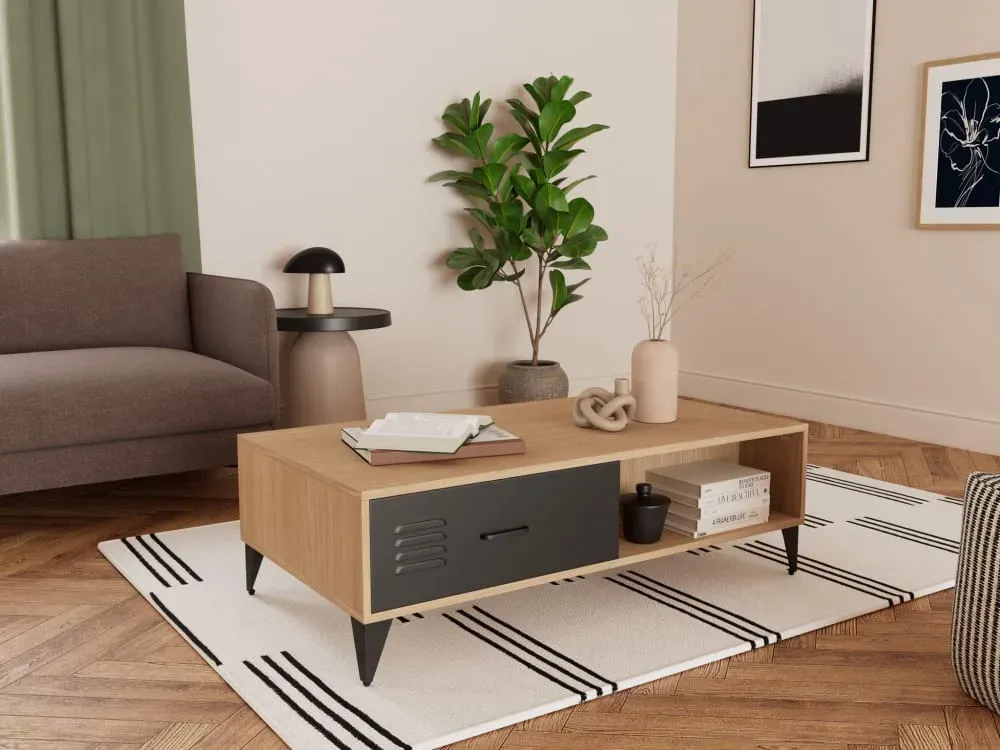 Illustration numéro 2 du produit Table basse industrielle 2 tiroirs L110cm effet bois et noir