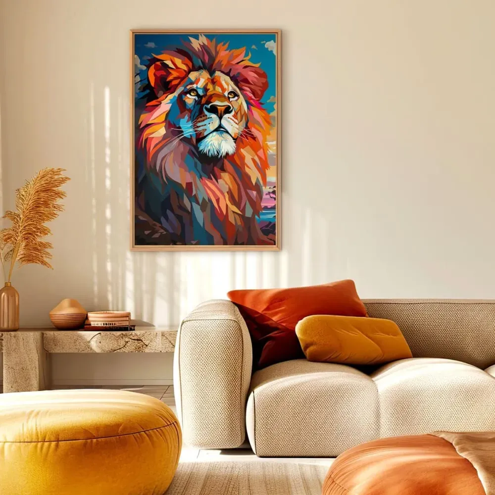 Illustration numéro 2 du produit Tableau mural encadré lion géométrique coloré 65x97