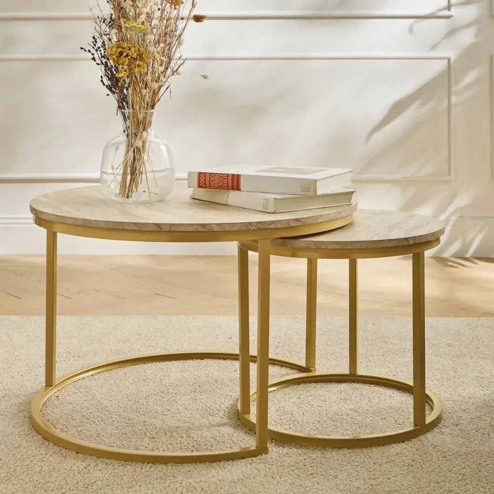 Illustration numéro 2 du produit Lot de 2 tables basses gigognes rondes - Effet Travertin