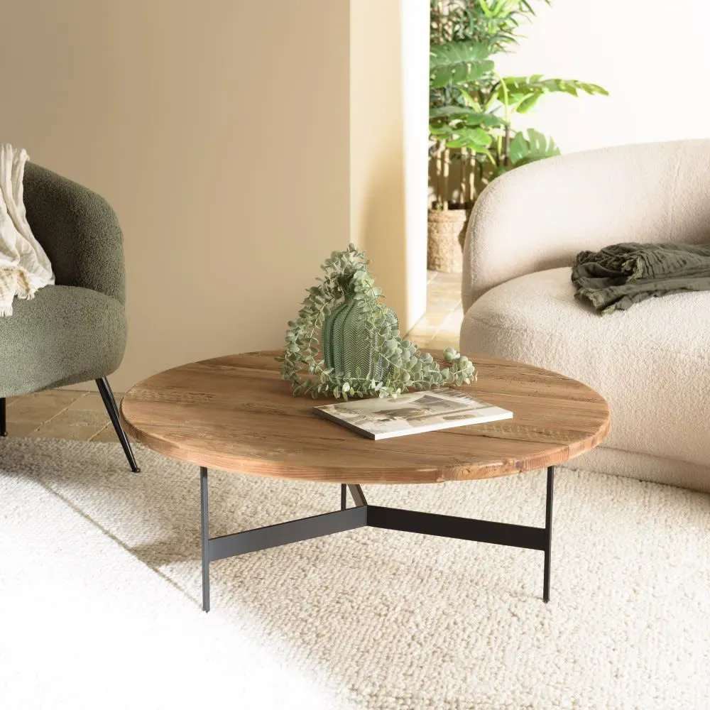 Illustration numéro 2 du produit Table basse ronde Pin recyclé et pieds métal noir D90