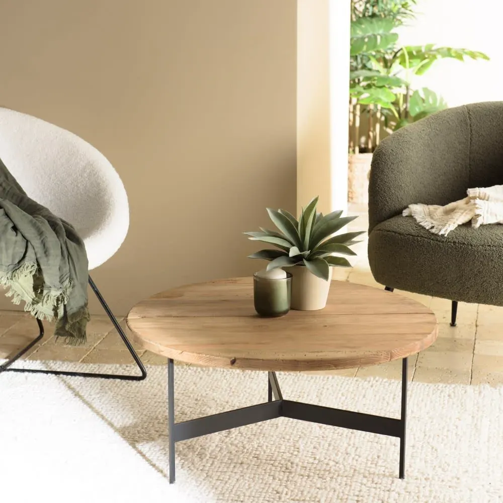 Illustration numéro 2 du produit Table basse ronde Pin recyclé et pieds métal noir D70